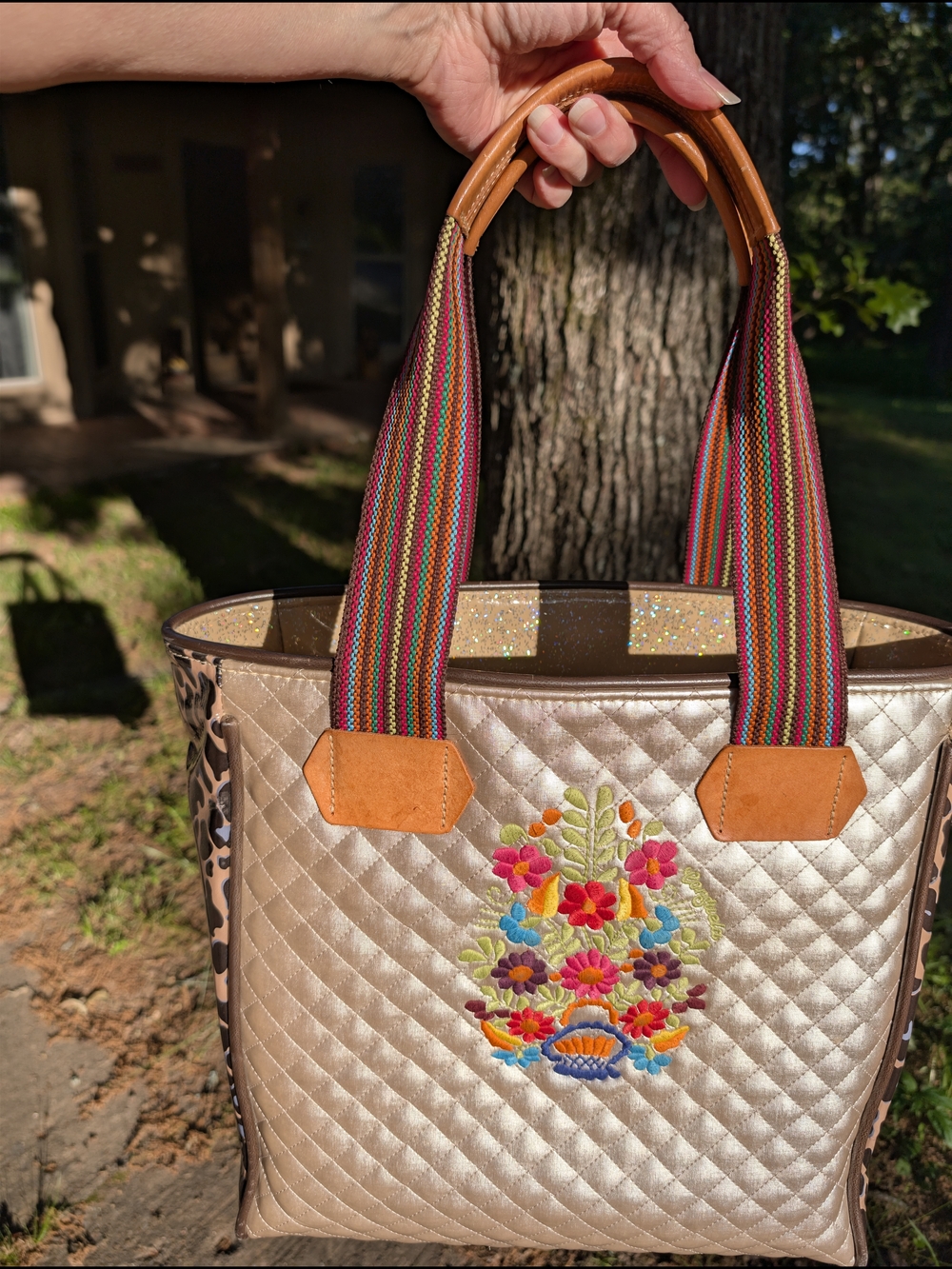 Isabel Classic Consuela Metallic Beige Tote w/ Colorful Embroidered Floral ❤️